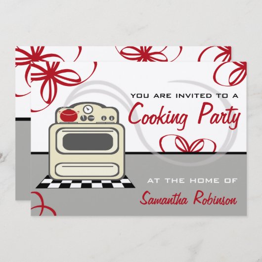 Party kochen - Retro Ofen-Rot-Küche Einladung (Vorne/Hinten)