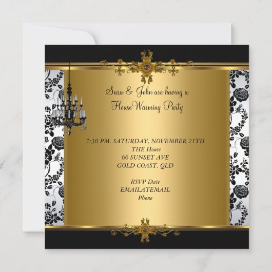 Party Kronier Damask White Gold Einladung (Rückseite)