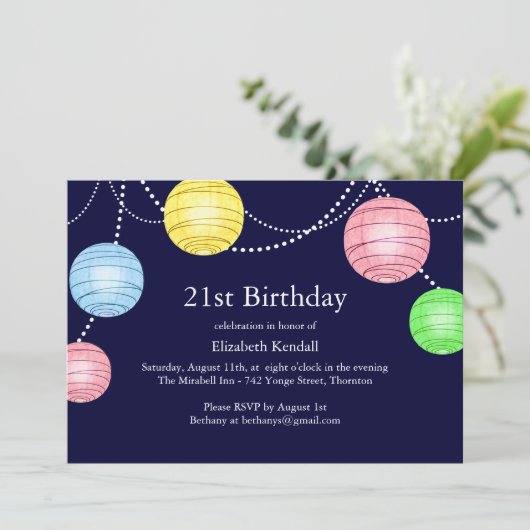 Party Lantern 21. Geburtstag Einladung (Stehend Vorderseite)