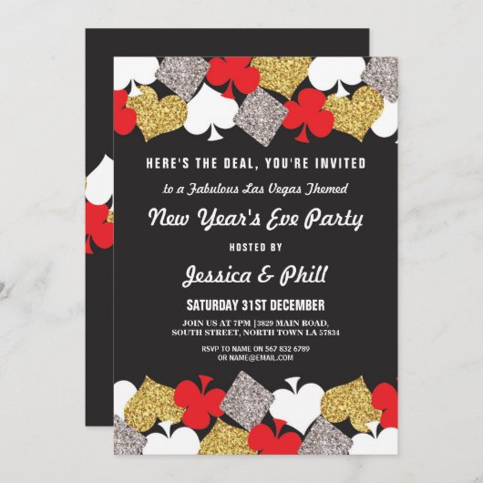 Party Las Vegas Casino Glitzer Einladung (Vorne/Hinten)