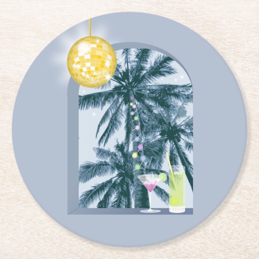 Party Lights Cocktails Diskothek Ball Palms on Blu Runder Pappuntersetzer (Vorderseite)