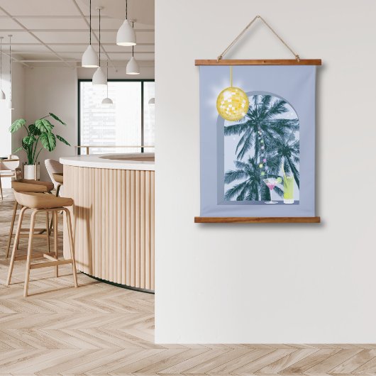 Party Lights Cocktails Diskothek Ball Palms on Blu Wandteppich Mit Holzrahmen