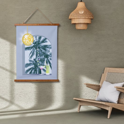 Party Lights Cocktails Diskothek Ball Palms on Blu Wandteppich Mit Holzrahmen