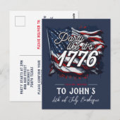 "Party like It’s 1776" Patriotische Einladung Postkarte (Vorne/Hinten)