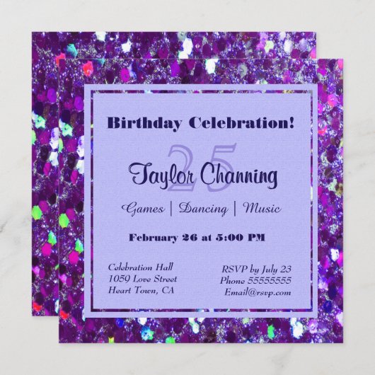 Party lila Glitzer Einladung (Vorne/Hinten)