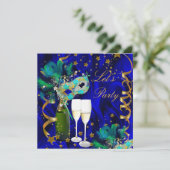 Party Maske Champagne Blue Gold Masquerade Einladung (Stehend Vorderseite)