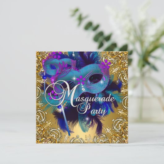Party Masquerade Blue Gold Lila Einladung (Stehend Vorderseite)