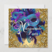Party Masquerade Blue Gold Lila Einladung (Vorderseite)