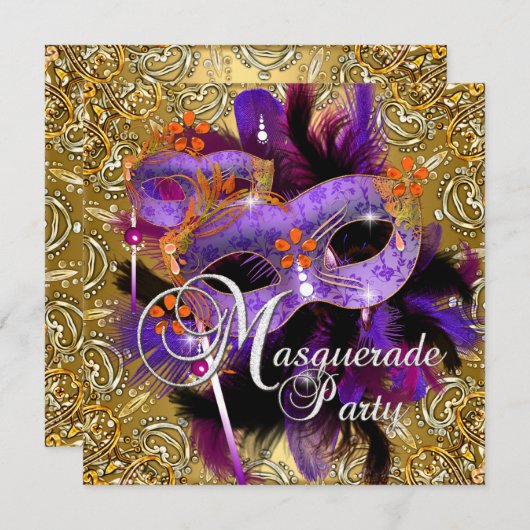 Party Masquerade Lila Orange Gold Silber Einladung (Vorne/Hinten)
