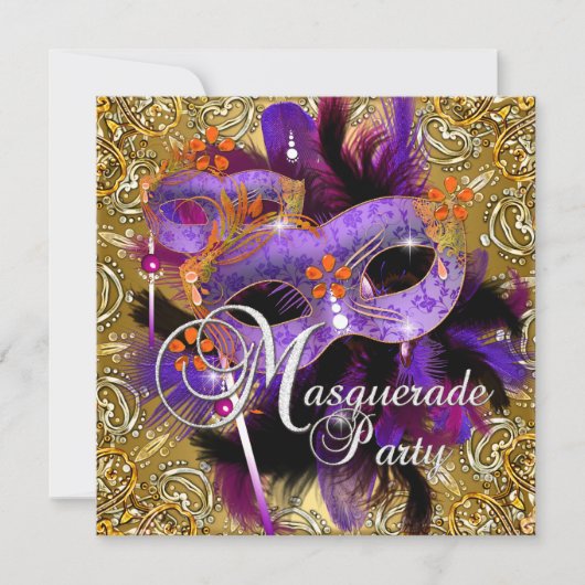 Party Masquerade Lila Orange Gold Silber Einladung (Vorderseite)
