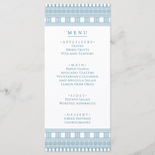 Party-Menü mit griechischem oder römischem Party Menükarte (Vorderseite)