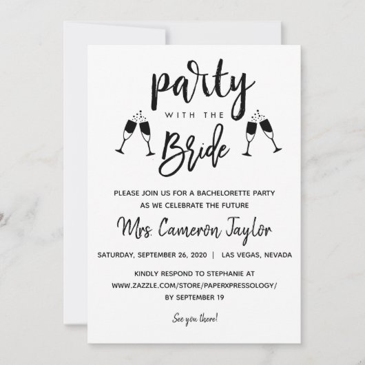 Party mit Bride Bachelorette Details laden ein Einladung (Vorderseite)