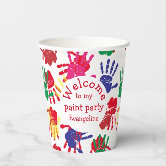 Party mit farbigen Handdrucken für Kinder Pappbecher (Rückseite)
