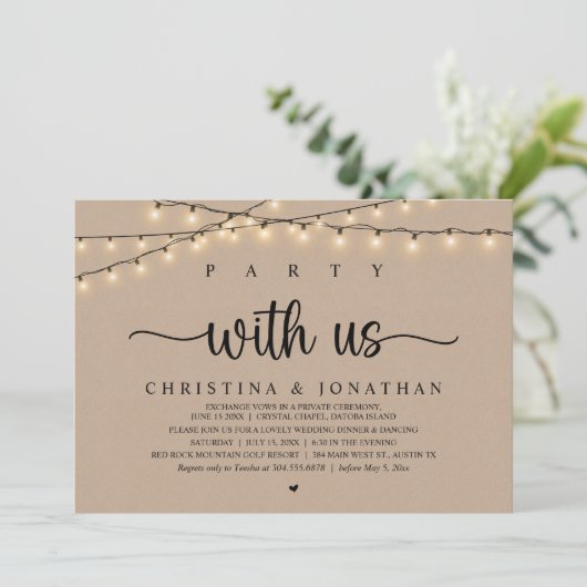 Party mit uns, rustikale Hochzeitsfeier Einladung (Stehend Vorderseite)