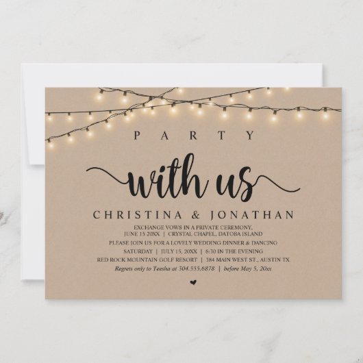 Party mit uns, rustikale Hochzeitsfeier Einladung (Vorderseite)