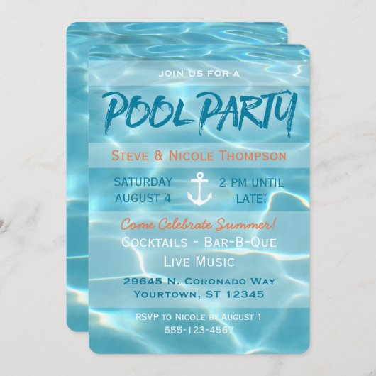 Party Nautic Summer Aqua Orange und Weiß Einladung (Vorne/Hinten)