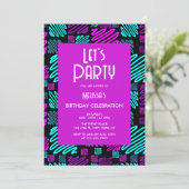 Party Neon Lila Blue Geometric Geburtstag Einladung (Stehend Vorderseite)