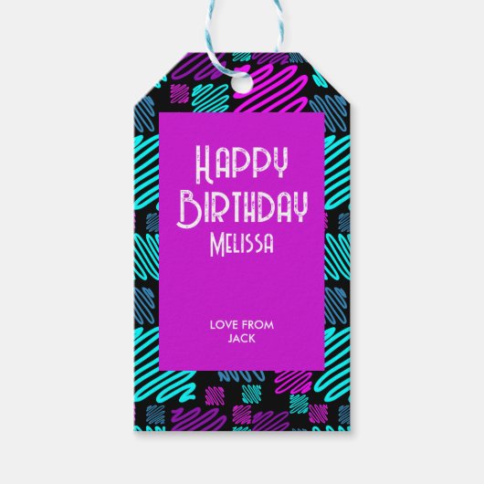 Party Neon Lila Blue Geometric Geburtstag Geschenkanhänger (Vorderseite)
