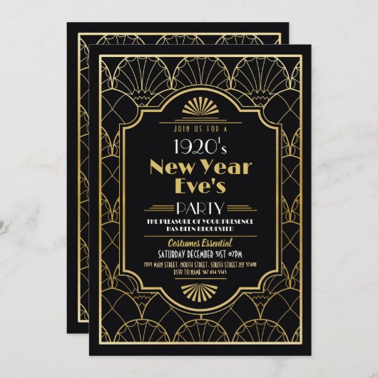 Party Neujahr 1920 Art Deco Schwarzes Gold Einladung (Vorne/Hinten)