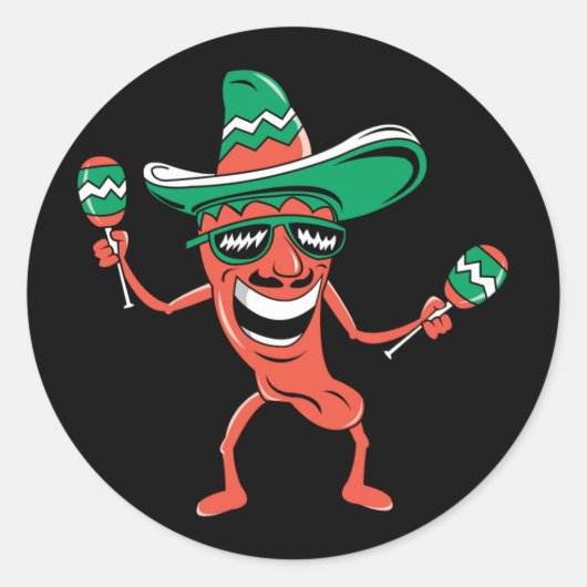 Party Pepper in Sombrero mit Maracas Runder Aufkleber (Vorderseite)