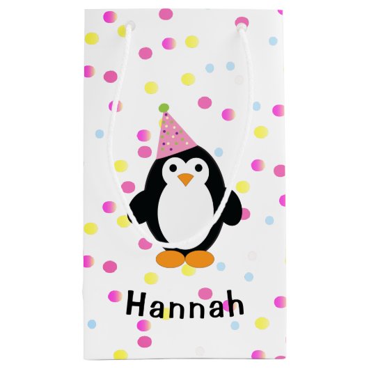 Party Pinguin mit Confetti Hintergrund Kleine Geschenktüte (Rückseite)