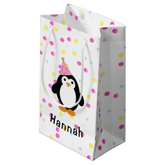 Party Pinguin mit Confetti Hintergrund Kleine Geschenktüte (Vorderseite Schrägansicht)