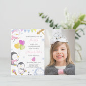 Party Pinguin zum Geburtstag Einladung mit Foto (Stehend Vorderseite)