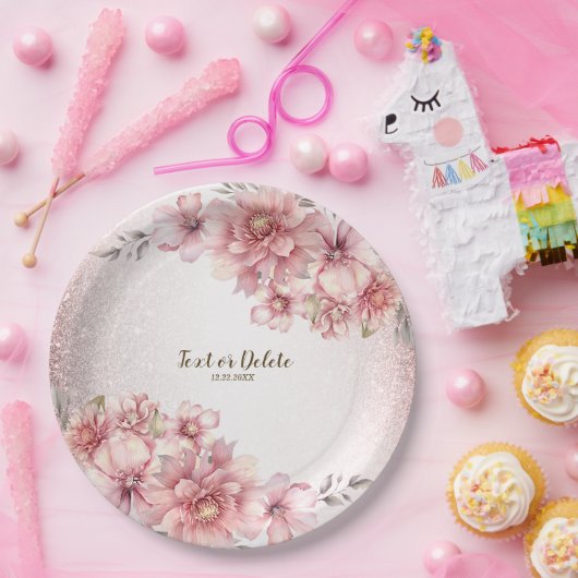 Party Pink Aquarell Blume Shiny Glitzer Moderne Pappteller (Party)