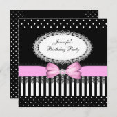 Party Pink Bow Schwarz-weiß Polka Dots Einladung (Vorne/Hinten)