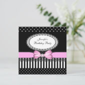 Party Pink Bow Schwarz-weiß Polka Dots Einladung (Stehend Vorderseite)