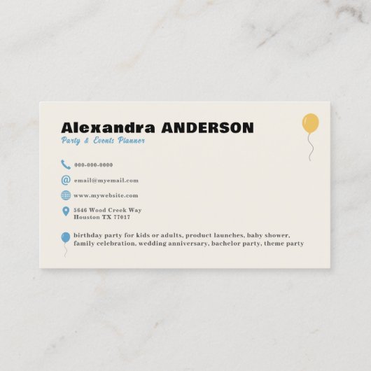 Party Planer Business Card Visitenkarte (Rückseite)