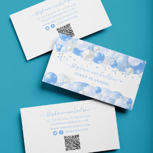 Party Planner Blue White Balloon QR-Code Visitenkarte