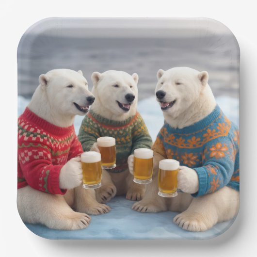 Party Polar Bears Wearing Christmas Ugly Sweaters Pappteller (Vorderseite)