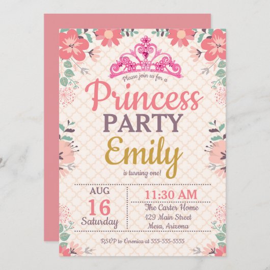 Party Princess für ein Jahr Einladung (Vorne/Hinten)