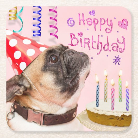 Party Pug and Birthday Cake Cute Rechteckiger Pappuntersetzer (Vorderseite)