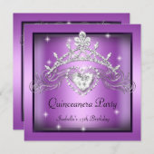 Party Quinceanera 15. Silver Lila Tiara Einladung (Vorne/Hinten)