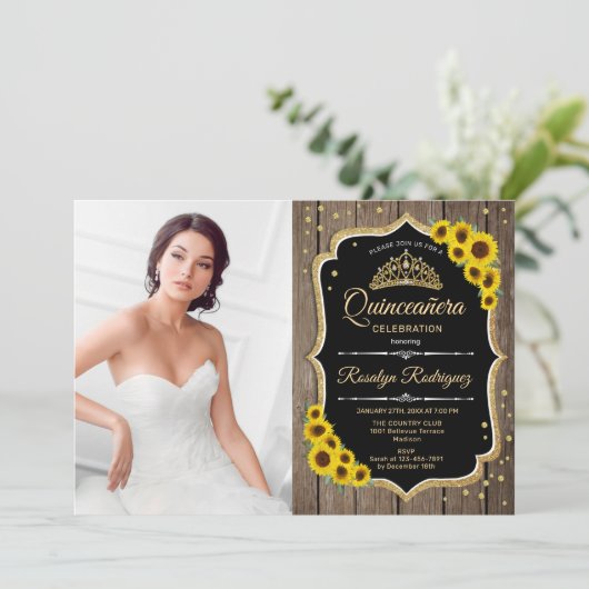 Party Quinceanera mit Foto - Rustikale Sonnenblume Einladung (Stehend Vorderseite)