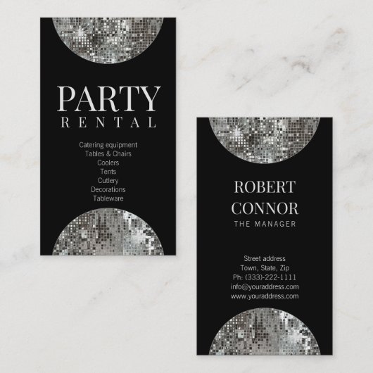Party Rental Tableware Star Disco Ball Black Card Visitenkarte (Vorne/Hinten)