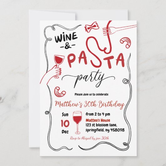 Party Roter Wein und Pasta Erwachsene Geburtstag Einladung (Vorderseite)