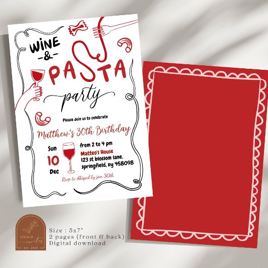 Party Roter Wein und Pasta Erwachsene Geburtstag Einladung
