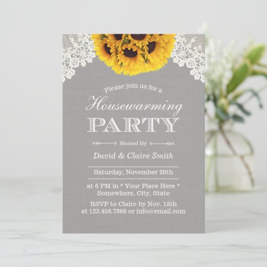 Party Rustikale Sonnenblumen Silver Lacke Einladung (Stehend Vorderseite)