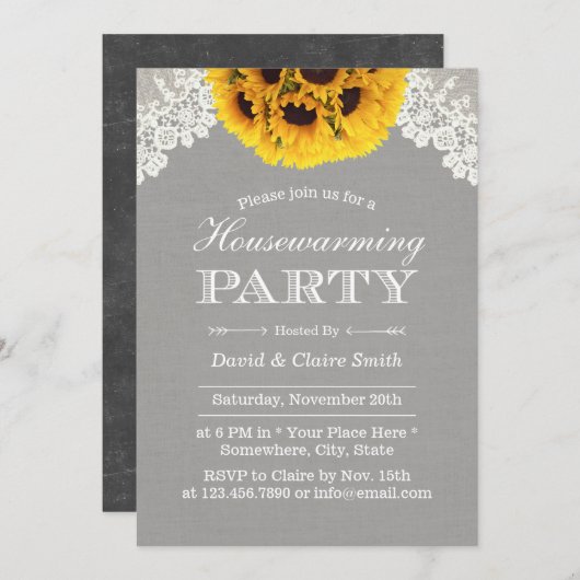 Party Rustikale Sonnenblumen Silver Lacke Einladung (Vorne/Hinten)
