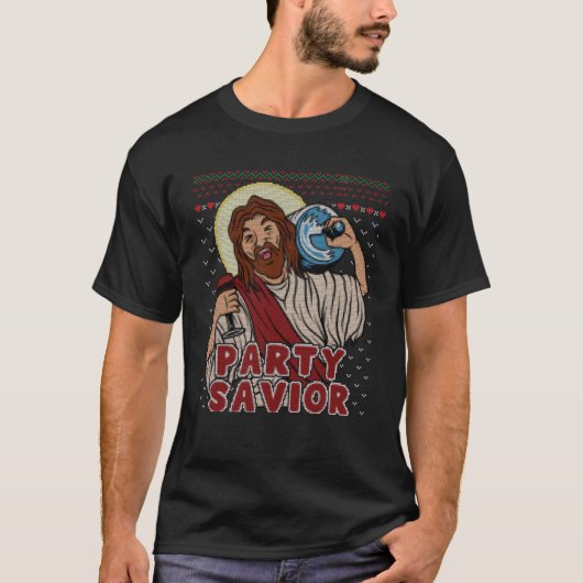 Party Savior Jesus Santa Claus Beer Ugly Weihnacht T-Shirt (Vorderseite)