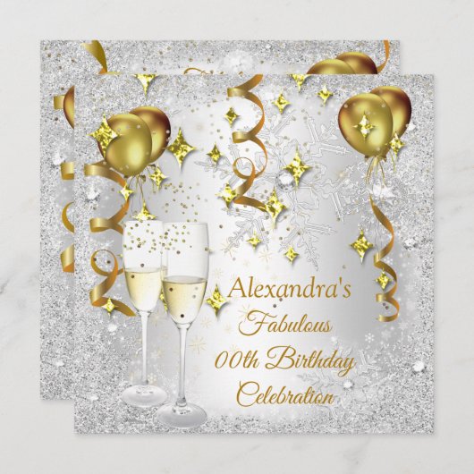 Party silberne Goldballon Champagner-Schneeflocke Einladung (Vorne/Hinten)