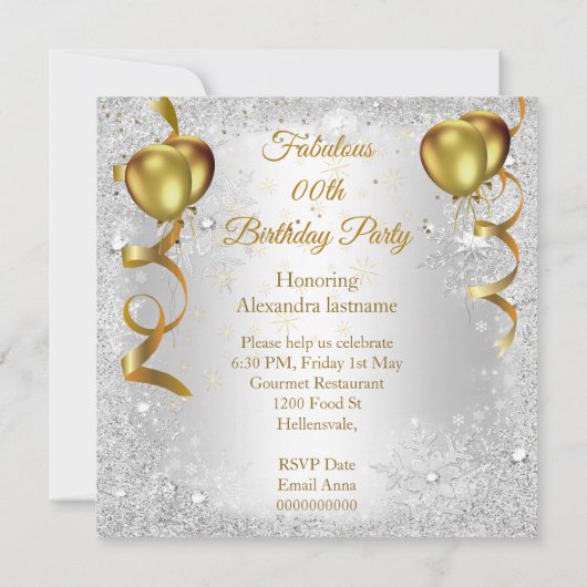 Party silberne Goldballon Champagner-Schneeflocke Einladung (Rückseite)