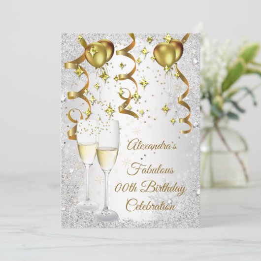 Party silver Gold Ballon Champagner Glitzer Einladung (Stehend Vorderseite)