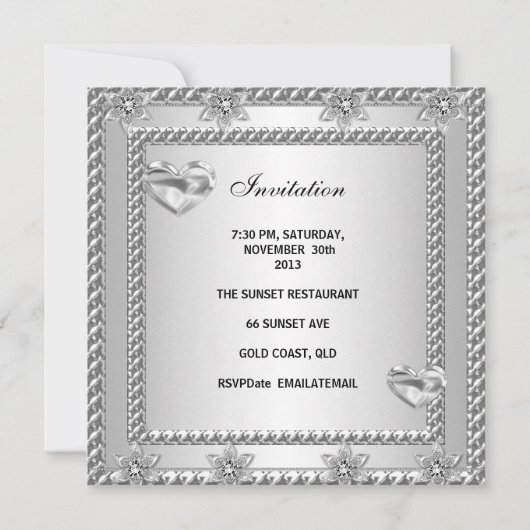 Party Silver White Heart Jewel 4 Einladung (Rückseite)