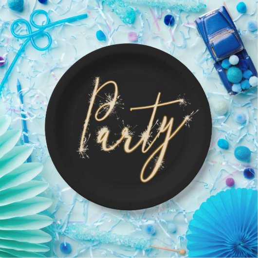Party-Sparklertext auf schwarzer Papierplatte Pappteller (Party)