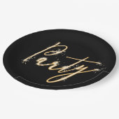 Party-Sparklertext auf schwarzer Papierplatte Pappteller (Schrägansicht)