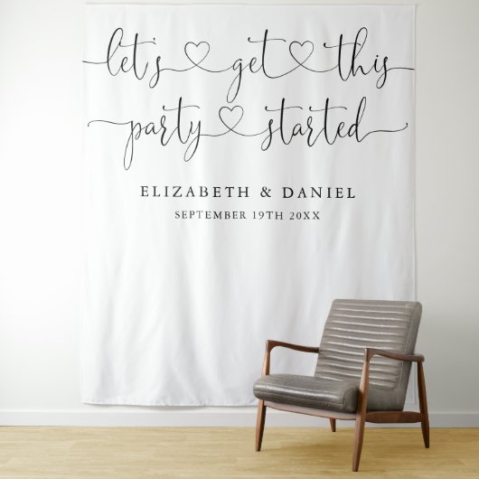 Party startete Foto Hochzeitsschrift im Herzen Wandteppich (Beispiel)